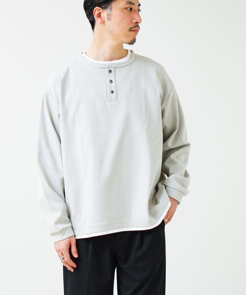 GLOSTER(グロスター)の「【1枚で完成する】杢ダンボール ヘンリーネックフェイクレイヤー ロンT(Tシャツ/カットソー・メンズ・チャコールグレー/パープル/ライトグレー・M/L/S)」の5枚目の写真
