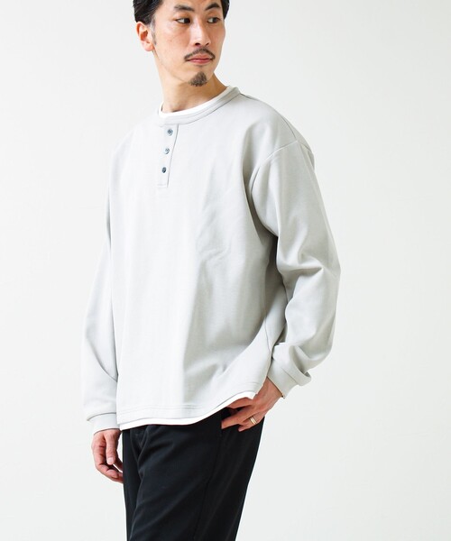 GLOSTER(グロスター)の「【1枚で完成する】杢ダンボール ヘンリーネックフェイクレイヤー ロンT(Tシャツ/カットソー・メンズ・チャコールグレー/パープル/ライトグレー・M/L/S)」の6枚目の写真