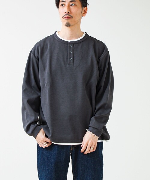GLOSTER(グロスター)の「【1枚で完成する】杢ダンボール ヘンリーネックフェイクレイヤー ロンT(Tシャツ/カットソー・メンズ・チャコールグレー/パープル/ライトグレー・M/L/S)」の11枚目の写真