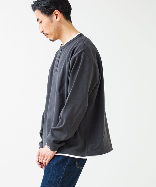 GLOSTER(グロスター)の「【1枚で完成する】杢ダンボール ヘンリーネックフェイクレイヤー ロンT(Tシャツ/カットソー・メンズ・チャコールグレー/パープル/ライトグレー・M/L/S)」の12枚目の写真