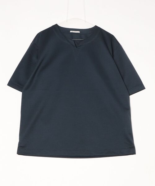 HIGH STREET(ハイストリート)の「HIGH STREET∴強撚ピンジャージBig半袖キーネック(Tシャツ/カットソー・メンズ・ネイビー/ベージュ・L/M)」の1枚目の写真