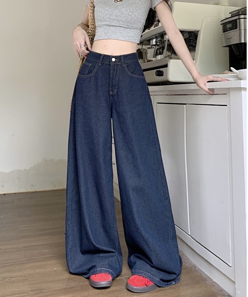 Teem Store(チームストア)の「シンプルワイドデニムパンツ 美脚効果(デニムパンツ・レディース・ブルー・M/L)」の1枚目の写真