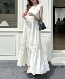 裾シャーリング ノースリーブロング丈ワンピ ◎