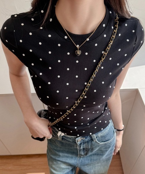 Teem Store（チームストア）の「フレンチスリーブドット柄クルーネックTシャツ（Tシャツ/カットソー・レディース・ホワイト/グレー/ブラック・M/S）」の22枚目の写真