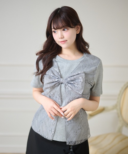 Anely(アネリー)の「レース レイヤード リボン付き トップス(Tシャツ/カットソー・レディース・ブラック/グレー/ホワイト・FREE)」の3枚目の写真