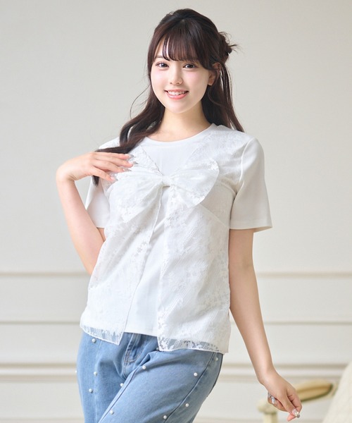 Anely(アネリー)の「レース レイヤード リボン付き トップス(Tシャツ/カットソー・レディース・ブラック/グレー/ホワイト・FREE)」の2枚目の写真