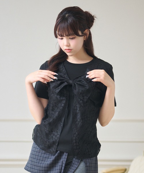 Anely(アネリー)の「レース レイヤード リボン付き トップス(Tシャツ/カットソー・レディース・ブラック/グレー/ホワイト・FREE)」の1枚目の写真