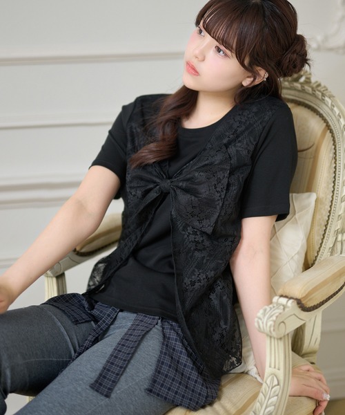 Anely(アネリー)の「レース レイヤード リボン付き トップス(Tシャツ/カットソー・レディース・ブラック/グレー/ホワイト・FREE)」の4枚目の写真