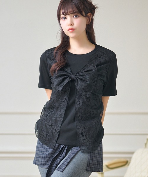 Anely(アネリー)の「レース レイヤード リボン付き トップス(Tシャツ/カットソー・レディース・ブラック/グレー/ホワイト・FREE)」の5枚目の写真