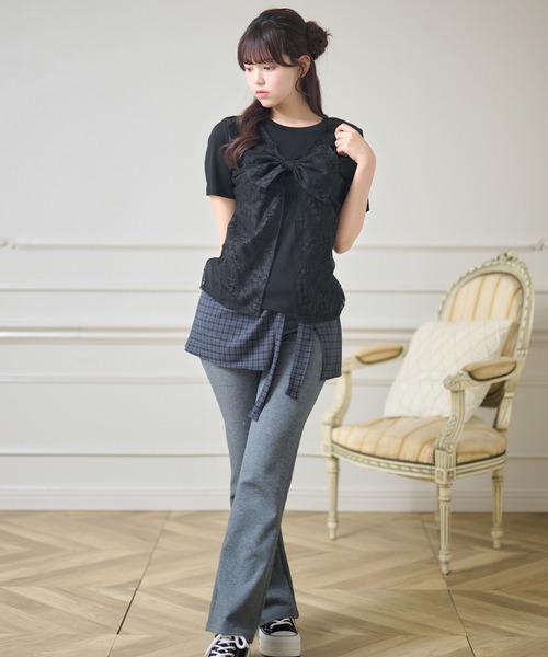 Anely(アネリー)の「レース レイヤード リボン付き トップス(Tシャツ/カットソー・レディース・ブラック/グレー/ホワイト・FREE)」の6枚目の写真