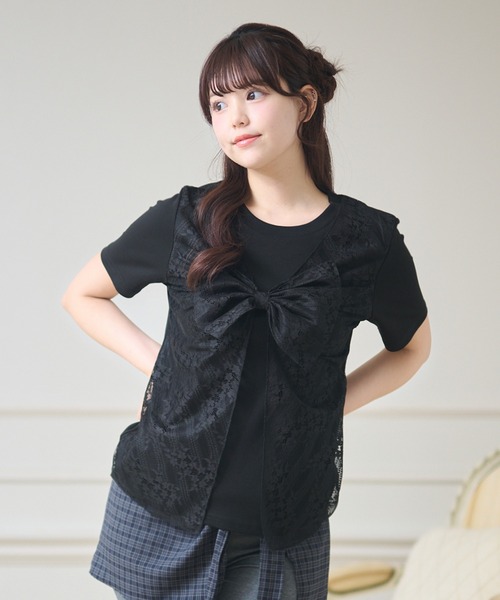 Anely(アネリー)の「レース レイヤード リボン付き トップス(Tシャツ/カットソー・レディース・ブラック/グレー/ホワイト・FREE)」の8枚目の写真