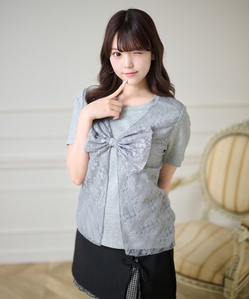 Anely(アネリー)の「レース レイヤード リボン付き トップス(Tシャツ/カットソー・レディース・ブラック/グレー/ホワイト・FREE)」の14枚目の写真