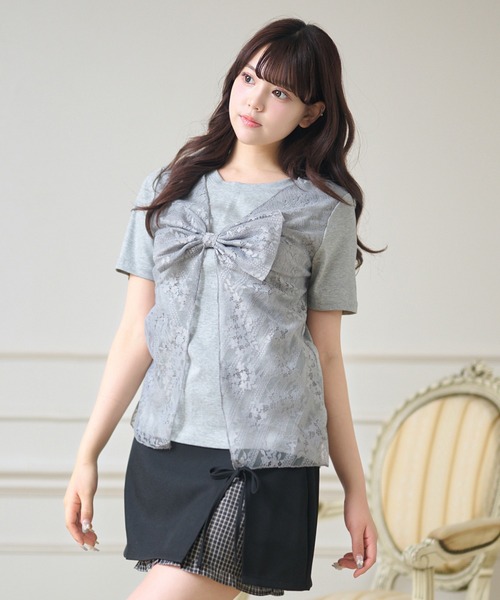 Anely(アネリー)の「レース レイヤード リボン付き トップス(Tシャツ/カットソー・レディース・ブラック/グレー/ホワイト・FREE)」の15枚目の写真