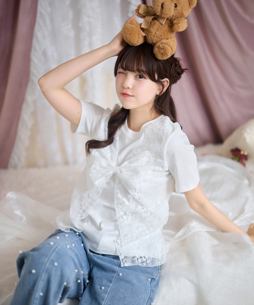 Anely(アネリー)の「レース レイヤード リボン付き トップス(Tシャツ/カットソー・レディース・ブラック/グレー/ホワイト・FREE)」の9枚目の写真