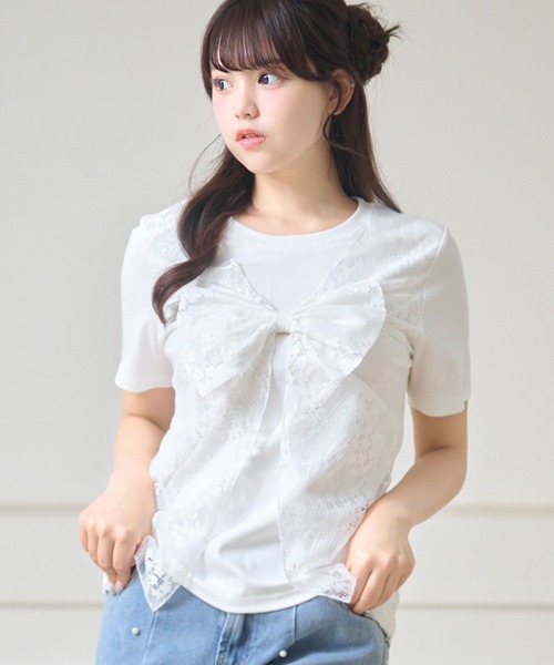 Anely(アネリー)の「レース レイヤード リボン付き トップス(Tシャツ/カットソー・レディース・ブラック/グレー/ホワイト・FREE)」の10枚目の写真