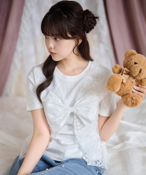 Anely(アネリー)の「レース レイヤード リボン付き トップス(Tシャツ/カットソー・レディース・ブラック/グレー/ホワイト・FREE)」の11枚目の写真