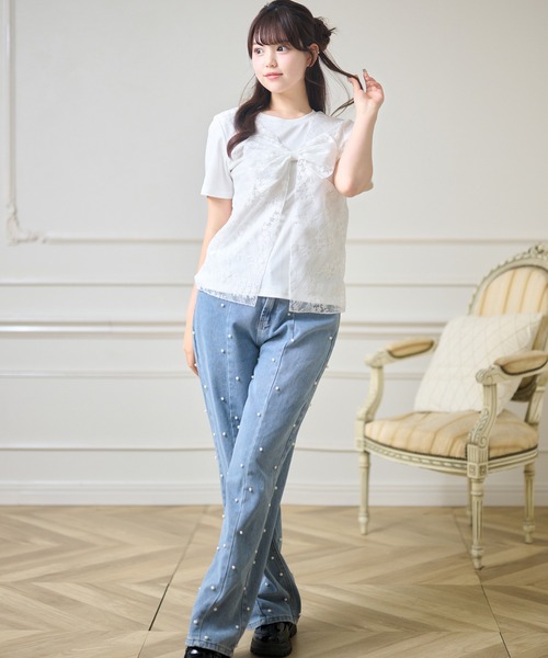Anely(アネリー)の「レース レイヤード リボン付き トップス(Tシャツ/カットソー・レディース・ブラック/グレー/ホワイト・FREE)」の12枚目の写真