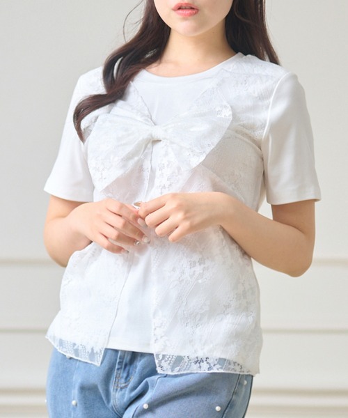 Anely(アネリー)の「レース レイヤード リボン付き トップス(Tシャツ/カットソー・レディース・ブラック/グレー/ホワイト・FREE)」の13枚目の写真