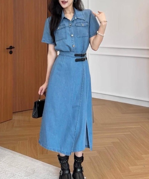 semplice（センプリチェ）の「シャツカラーデニムワンピース（ワンピース・レディース・ブルー・L/M）」の6枚目の写真