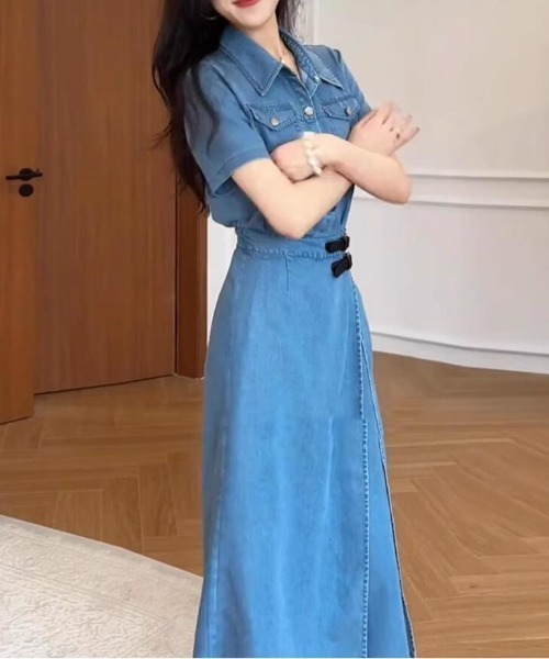 semplice（センプリチェ）の「シャツカラーデニムワンピース（ワンピース・レディース・ブルー・L/M）」の7枚目の写真