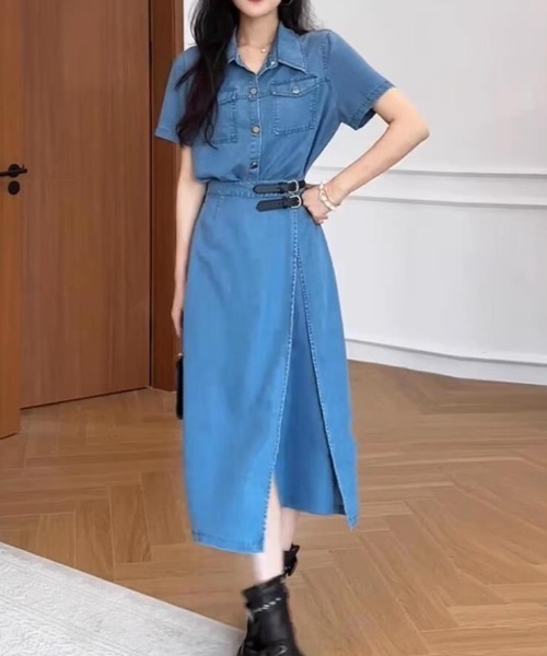 semplice（センプリチェ）の「シャツカラーデニムワンピース（ワンピース・レディース・ブルー・L/M）」の10枚目の写真
