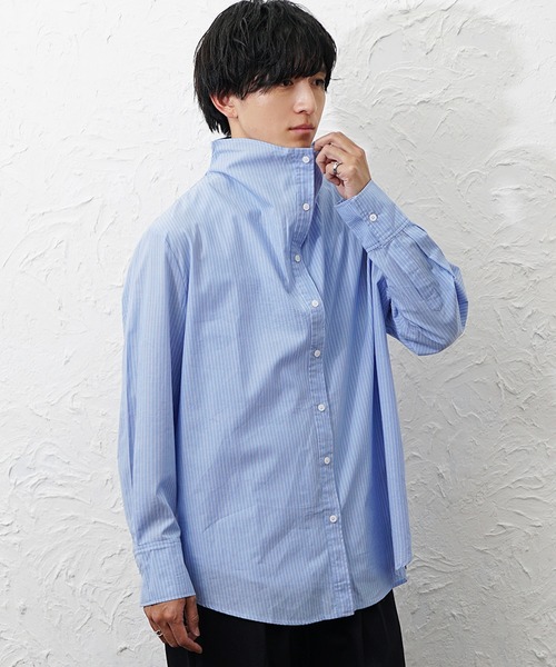 MinoriTY(マイノリティ)の「【MinoriTY】ボトルネックオーバーサイズシャツ メンズ 春服 夏服 ユニセックス(シャツ/ブラウス・メンズ・ブルー/ホワイト・L/M)」の2枚目の写真
