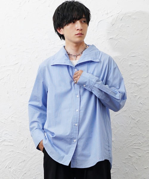 MinoriTY(マイノリティ)の「【MinoriTY】ボトルネックオーバーサイズシャツ メンズ 春服 夏服 ユニセックス(シャツ/ブラウス・メンズ・ブルー/ホワイト・L/M)」の3枚目の写真