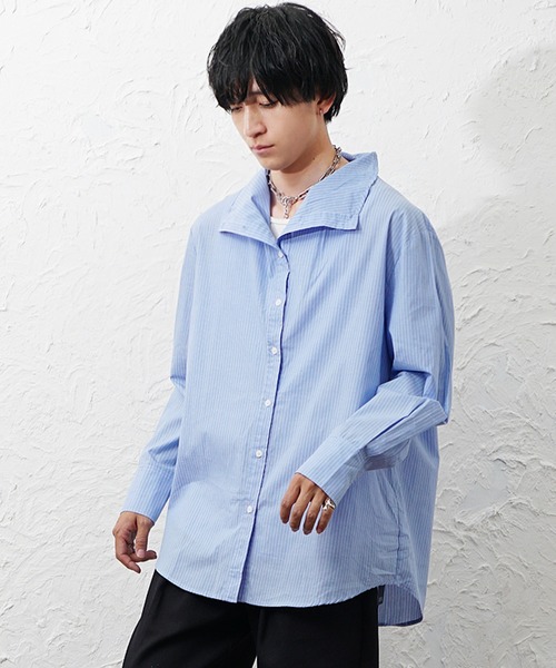 MinoriTY(マイノリティ)の「【MinoriTY】ボトルネックオーバーサイズシャツ メンズ 春服 夏服 ユニセックス(シャツ/ブラウス・メンズ・ブルー/ホワイト・L/M)」の5枚目の写真