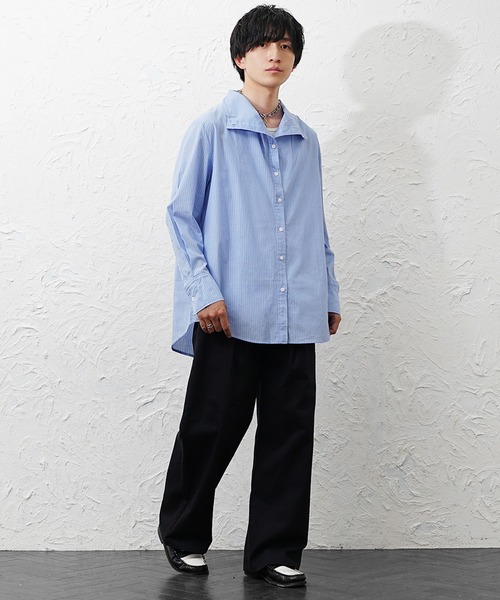 MinoriTY(マイノリティ)の「【MinoriTY】ボトルネックオーバーサイズシャツ メンズ 春服 夏服 ユニセックス(シャツ/ブラウス・メンズ・ブルー/ホワイト・L/M)」の6枚目の写真