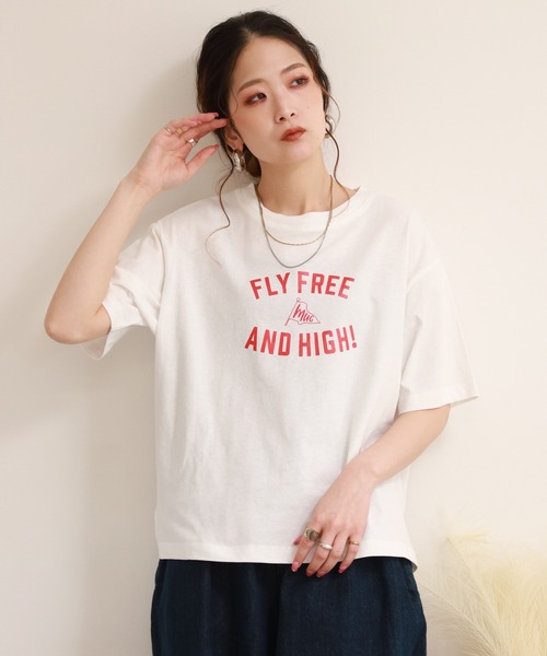 FUNALIVE(ファンアライブ)の「コットンワイドクルーネックプリントTシャツB半袖(Tシャツ/カットソー・レディース・アイボリー/ライトベージュ/ブラック/モカ/ブルー・M-L)」の6枚目の写真