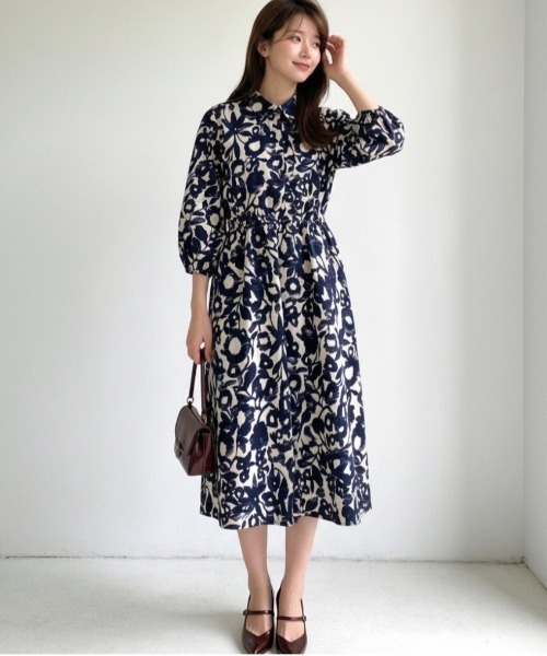 Sew loop(ソーループ)の「綿100%フラワープリントワンピース(シャツワンピース・レディース・ネイビー・M)」の1枚目の写真