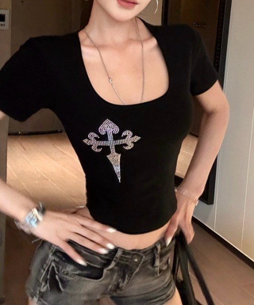 SHEPP(シープ)の「ラインストーン クロスプリント タイトフィット 半袖Tシャツ(Tシャツ/カットソー・レディース・ホワイト/ブラック・S/M)」の18枚目の写真