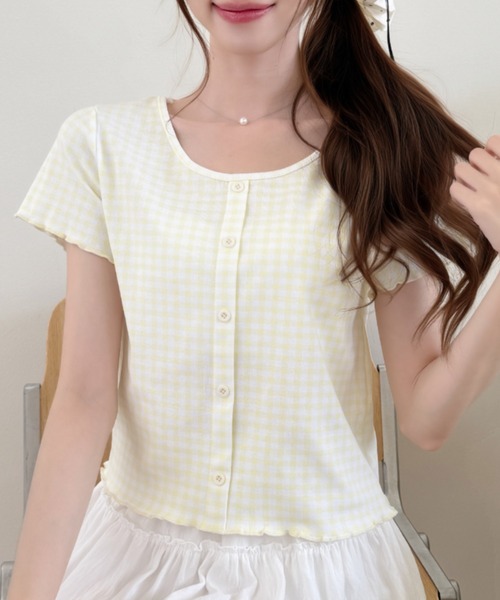 Ada.（エイダ）の「ギンガム チェック シャーリング風 フロント ボタン カットソー（Tシャツ/カットソー・レディース・レッド/ブルー/イエロー/ブラック・FREE）」の4枚目の写真