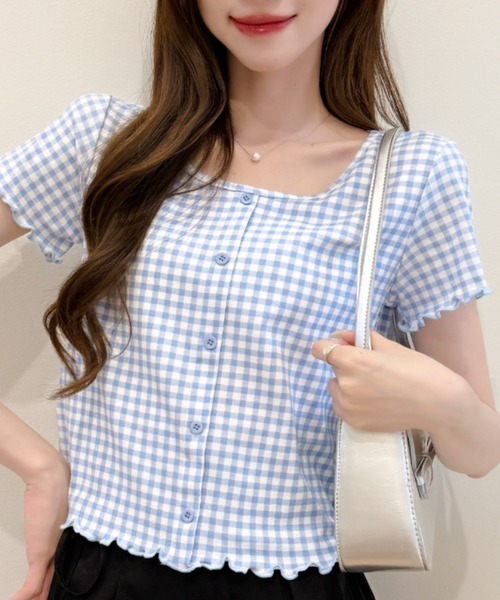 Ada.（エイダ）の「ギンガム チェック シャーリング風 フロント ボタン カットソー（Tシャツ/カットソー・レディース・レッド/ブルー/イエロー/ブラック・FREE）」の3枚目の写真