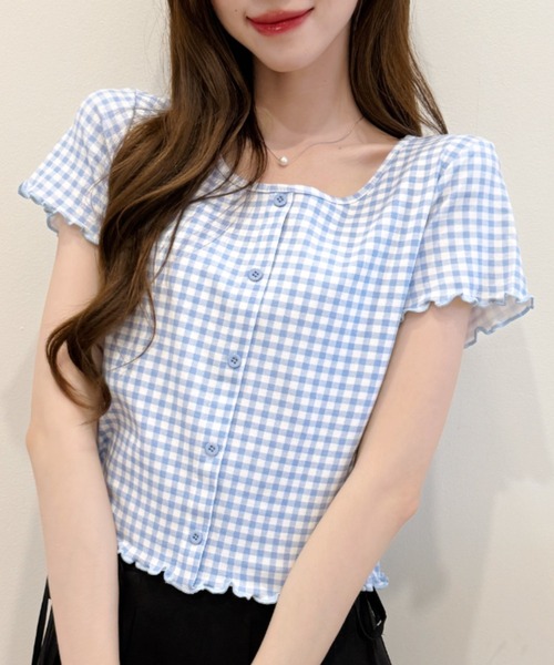 Ada.（エイダ）の「ギンガム チェック シャーリング風 フロント ボタン カットソー（Tシャツ/カットソー・レディース・レッド/ブルー/イエロー/ブラック・FREE）」の20枚目の写真