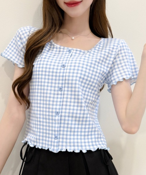 Ada.（エイダ）の「ギンガム チェック シャーリング風 フロント ボタン カットソー（Tシャツ/カットソー・レディース・レッド/ブルー/イエロー/ブラック・FREE）」の19枚目の写真