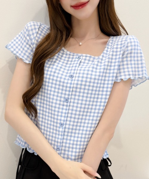 Ada.（エイダ）の「ギンガム チェック シャーリング風 フロント ボタン カットソー（Tシャツ/カットソー・レディース・レッド/ブルー/イエロー/ブラック・FREE）」の18枚目の写真