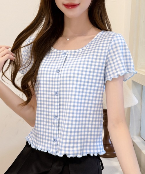 Ada.（エイダ）の「ギンガム チェック シャーリング風 フロント ボタン カットソー（Tシャツ/カットソー・レディース・レッド/ブルー/イエロー/ブラック・FREE）」の16枚目の写真