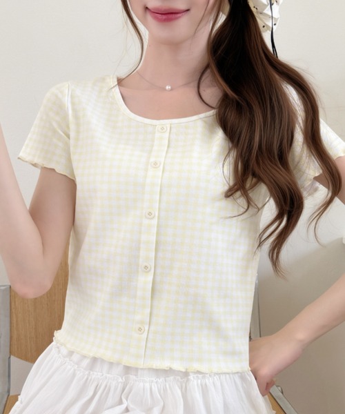 Ada.（エイダ）の「ギンガム チェック シャーリング風 フロント ボタン カットソー（Tシャツ/カットソー・レディース・レッド/ブルー/イエロー/ブラック・FREE）」の13枚目の写真