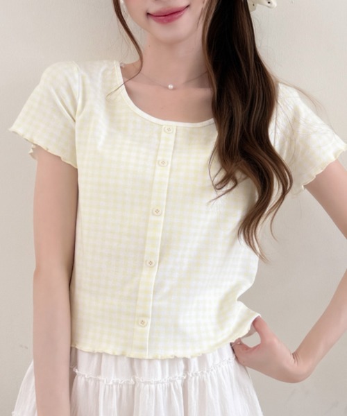 Ada.（エイダ）の「ギンガム チェック シャーリング風 フロント ボタン カットソー（Tシャツ/カットソー・レディース・レッド/ブルー/イエロー/ブラック・FREE）」の11枚目の写真