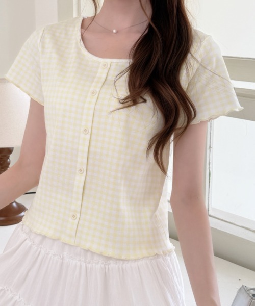 Ada.（エイダ）の「ギンガム チェック シャーリング風 フロント ボタン カットソー（Tシャツ/カットソー・レディース・レッド/ブルー/イエロー/ブラック・FREE）」の12枚目の写真