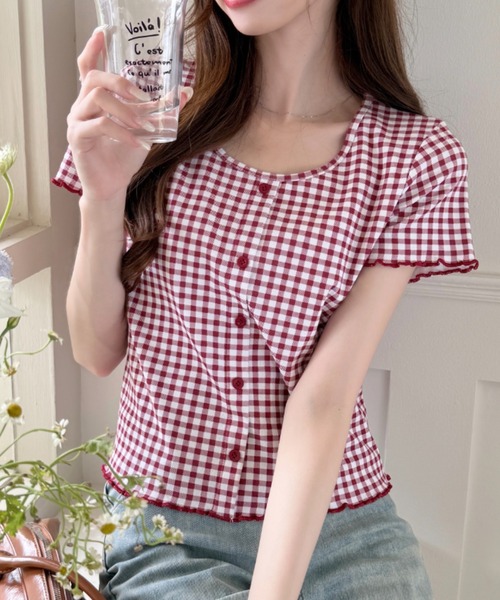 Ada.（エイダ）の「ギンガム チェック シャーリング風 フロント ボタン カットソー（Tシャツ/カットソー・レディース・レッド/ブルー/イエロー/ブラック・FREE）」の8枚目の写真