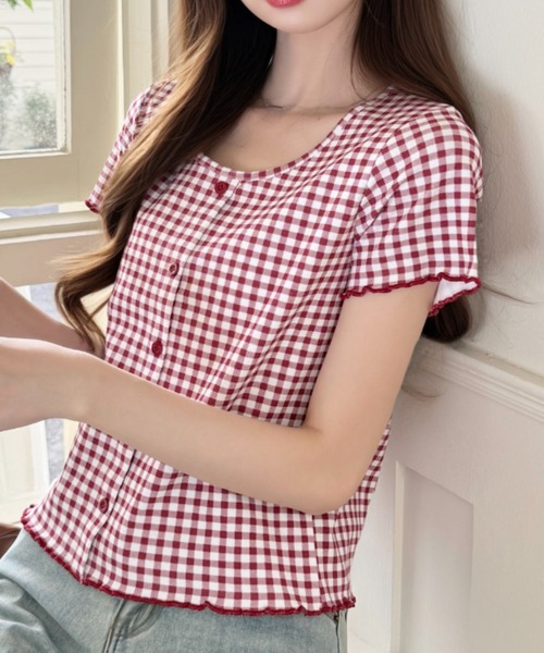 Ada.（エイダ）の「ギンガム チェック シャーリング風 フロント ボタン カットソー（Tシャツ/カットソー・レディース・レッド/ブルー/イエロー/ブラック・FREE）」の7枚目の写真