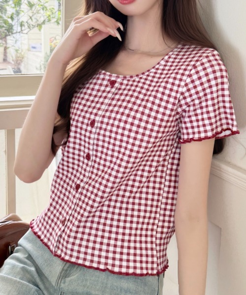 Ada.（エイダ）の「ギンガム チェック シャーリング風 フロント ボタン カットソー（Tシャツ/カットソー・レディース・レッド/ブルー/イエロー/ブラック・FREE）」の5枚目の写真
