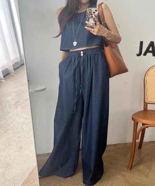 YUGA(ユーガ)の「YUGA_YGMC Korean-style Back-button cropped top + wide-leg pants set(つなぎ/オールインワン・レディース・ホワイト/インディゴブルー/ライトブルー・FREE)」の20枚目の写真