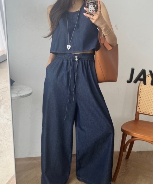 YUGA(ユーガ)の「YUGA_YGMC Korean-style Back-button cropped top + wide-leg pants set(つなぎ/オールインワン・レディース・ホワイト/インディゴブルー/ライトブルー・FREE)」の21枚目の写真