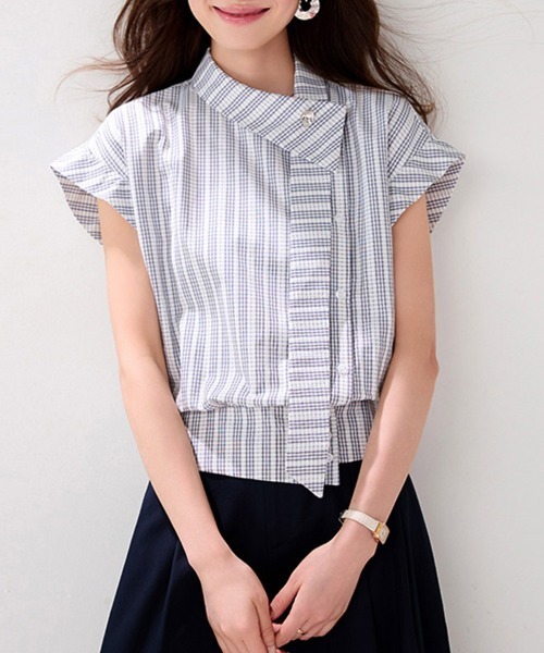 ONEP STAR(ワンピスター)の「ストライプスタンドカラー半袖ブラウス(シャツ/ブラウス・レディース・チェック・X-LARGE/LARGE/MEDIUM)」の8枚目の写真