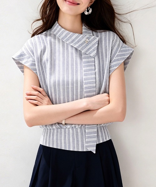 ONEP STAR(ワンピスター)の「ストライプスタンドカラー半袖ブラウス(シャツ/ブラウス・レディース・チェック・X-LARGE/LARGE/MEDIUM)」の14枚目の写真
