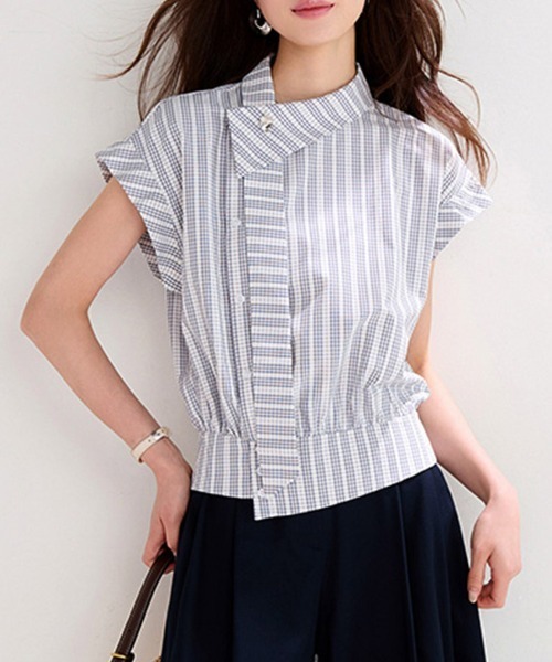 ONEP STAR(ワンピスター)の「ストライプスタンドカラー半袖ブラウス(シャツ/ブラウス・レディース・チェック・X-LARGE/LARGE/MEDIUM)」の2枚目の写真