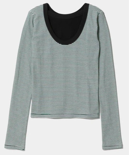 beautiful people(ビューティフルピープル)の「【beautiful people/ビューティフルピープル】Miller double-front long T-shirt/ロバート・ピー・ミラーダブルフロントボーダーロングTシャツ(Tシャツ/カットソー・レディース・ブラック系その他/グリーン/ブラック/イエロー・38/36)」の19枚目の写真